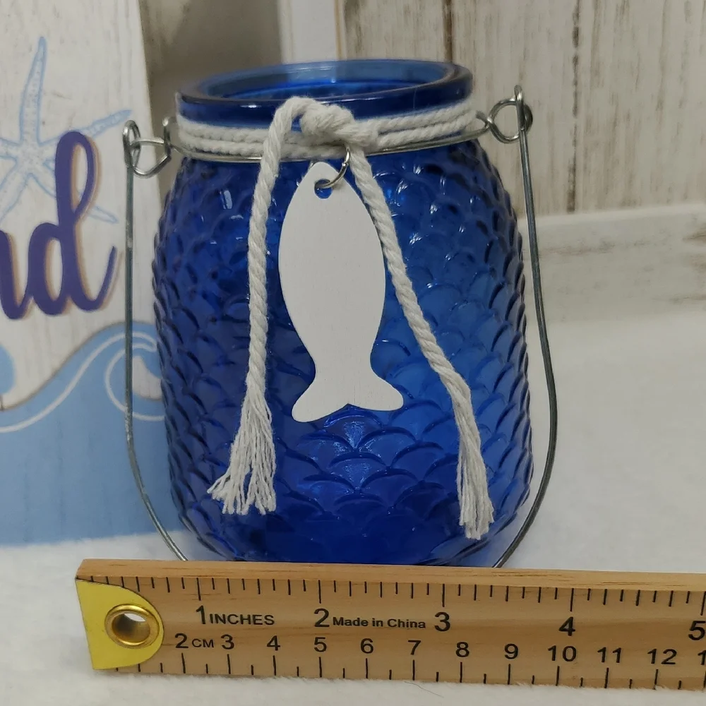 Beach Relax & Unwind Wall Decor Sign & Blue Candle Holder Bottle